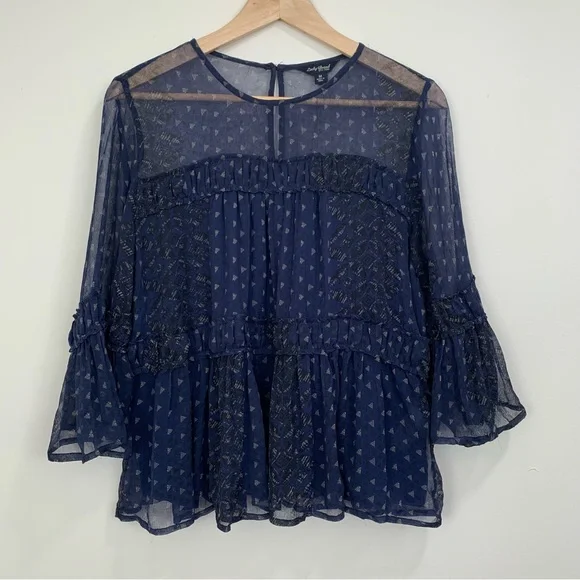 Lucky Brand Shirred Peasant Top Navy Blue M - Picture 2 of 8